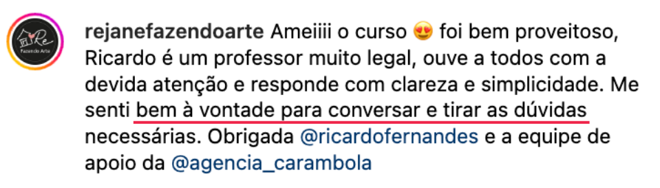 Comentário de aluna sobre o curso e a equipe de apoio