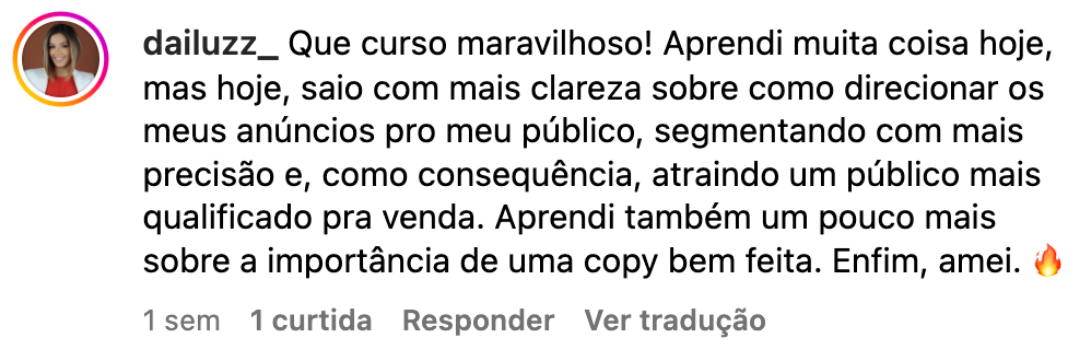 Comentário de aluna sobre direcionar os anúncios