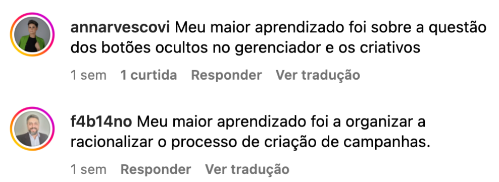 Comentários de alunas sobre o gerenciador e os criativos
